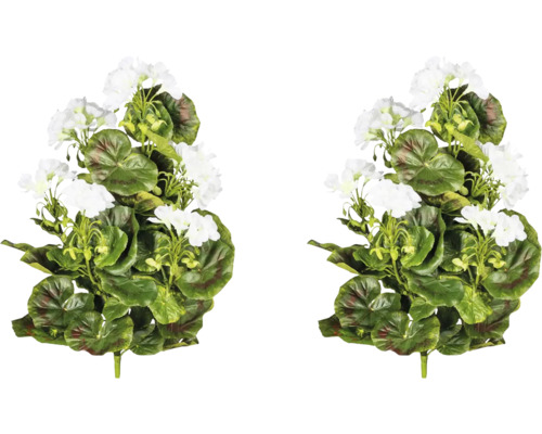 Två vita konstgjorda pelargoner med gröna blad.