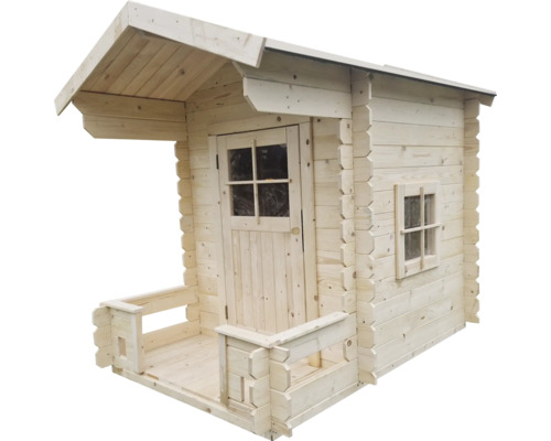 Lekstuga i trä med veranda, dörr och fönster