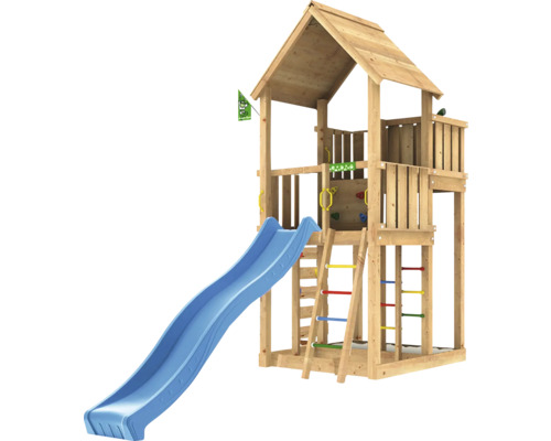 Lektorn i trä med rutschkana, stege och klättervägg för trädgården