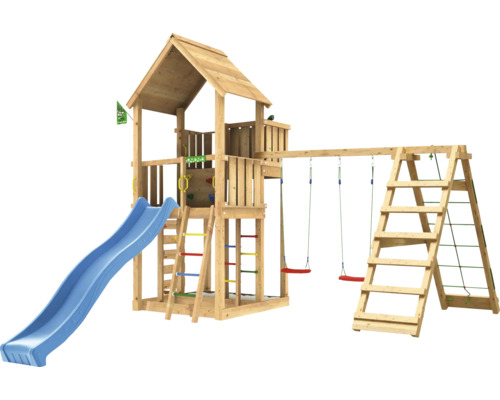 Lektorn i trä med rutschkana, gunga och klättervägg för trädgården