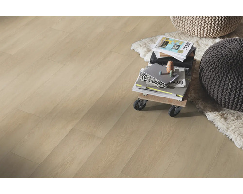 Ljust trägolv med tidningsstapel och sittkuddar