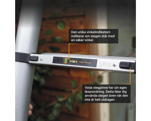 Detaljvy av en stege med vinkelindikator och en längd på 1,41 meter.