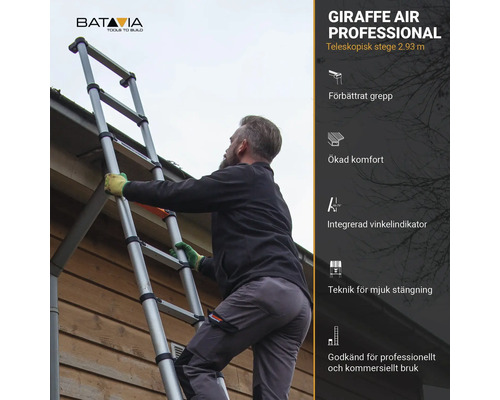 Batavia Giraffe Air Professional teleskopisk stege med en person på en stege framför ett hus.