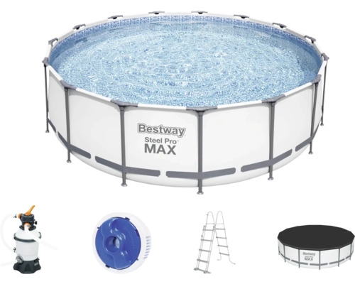 Pool BESTWAY Steel Pro MAX™ Ø457x122cm inkl. sandfilterpump, stege & överdrag ljusgrå