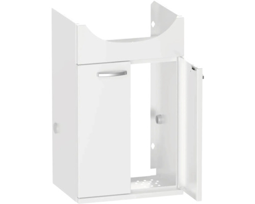 Vitt tvättställsskåp med en dörr och ett öppet fack