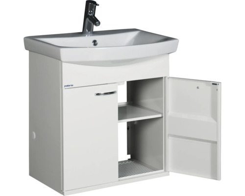 Tvättställsskåp med öppet skåpfack och öppen dörr