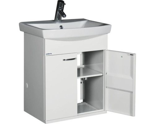 Tvättställsskåp med öppet skåp och tvättställ