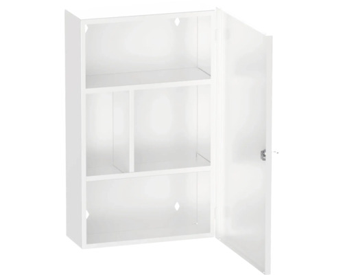 Öppet, vitt badrumsskåp med hyllor