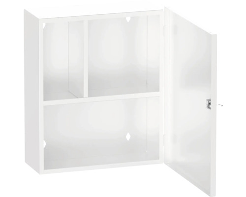 Öppet vitt spegelskåp med hyllor för förvaring i badrummet