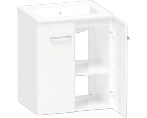 Tvättställsskåp med öppen dörr och hyllor