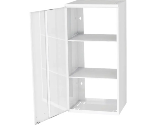 Vitt metallskåp med öppen dörr och tre hyllor