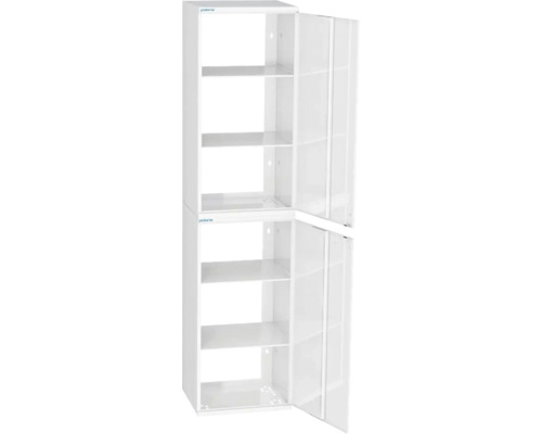 Vitt allroundskåp med hyllor och två öppna dörrar.