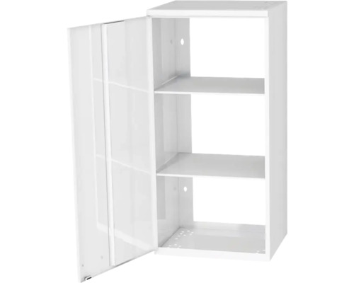 Vitt metallhängande skåp med öppen dörr och tre hyllor