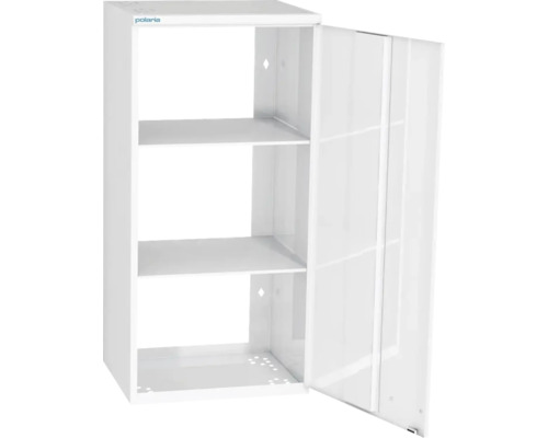 Vitt multifunktionellt skåp med tre hyllor och öppen dörr