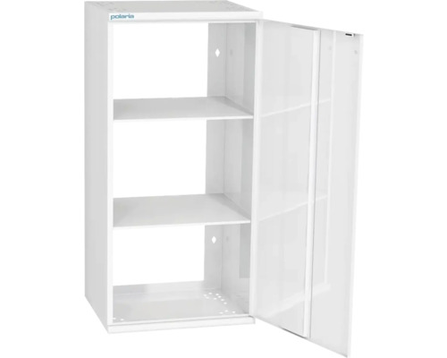 Öppet vitt städskåp i metall med hyllor