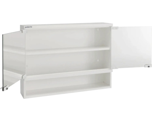 Öppet vitt spegelskåp med två hyllor