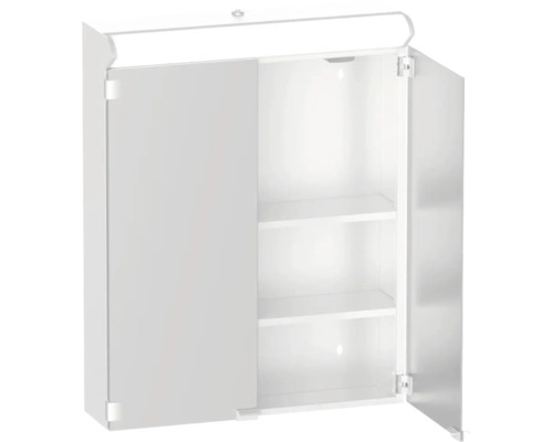 Öppet vitt spegelskåp med hyllor