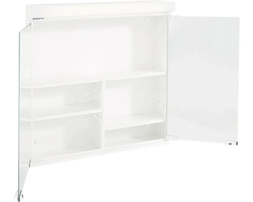 Öppet badrumsspegelskåp med hyllor