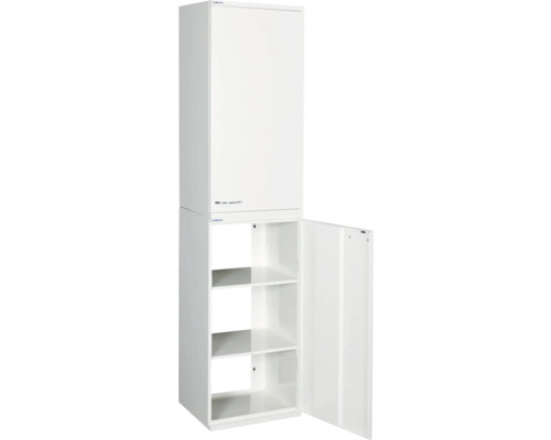 Vitt badrumsskåp med hyllor och dörr