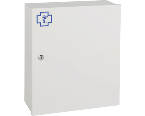 Första hjälpen-låda i metall med lås och medicinsk symbol