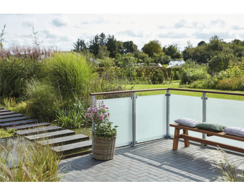 Trädgårdslandskap med glasstaket, sittbänk och plantering