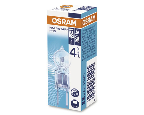 Osram halogenlampa med 50 watt effekt i produktförpackning