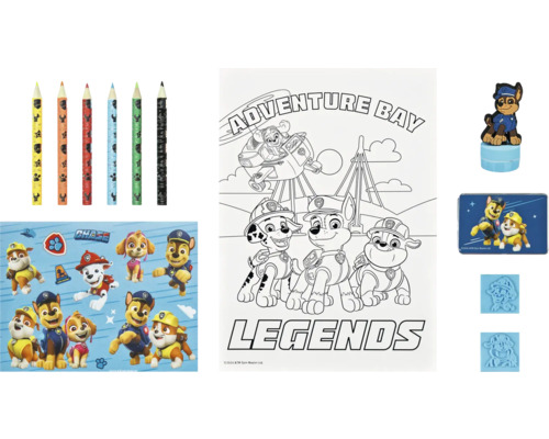 Paw Patrol set med pennor, målarbok, klistermärken, stämpel och stämpeldyna