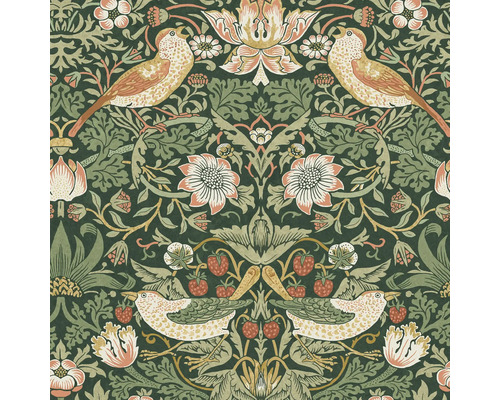 Tapet WILLIAM MORRIS Natur green orange 0,52x10,05m Tapet med fågel-, jordgubbs- och blommotiv