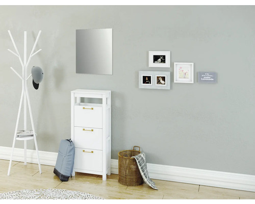 Hallvy med klädhängare, spegel, skoskåp och dekorativa element