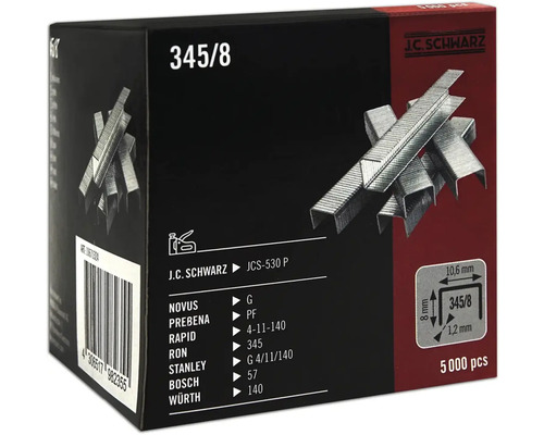 Häftklammer JC SCHWARZ 345/08 5000st J.C. Schwarz häftklamrar 345/8, 5000 stycken, lämpliga för olika häftapparater