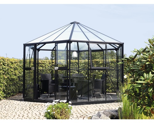 Växthus VITAVIA Hera 2 9000 3mm härdat glas 6mm polykarbonattak 380x380cm 9m² svart Fristående växthus med bord och stolar i trädgården