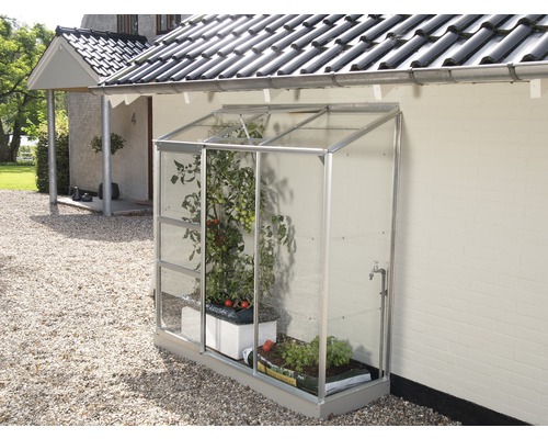 Växthus med växter mot en husvägg