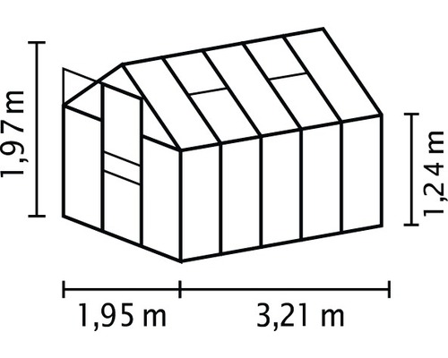 Skiss av ett växthus med måtten 1,97 meter högt, 1,95 meter brett och 3,21 meter långt