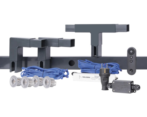 Komponenter för terrassbelysning, inklusive anslutningsdelar, kablar, lampor och styrning