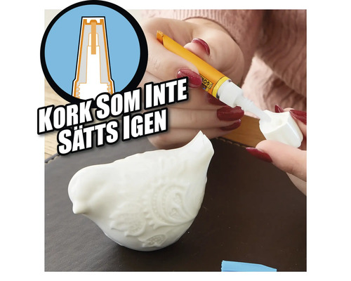 Applicering av lim på en keramisk figur i form av en fågel