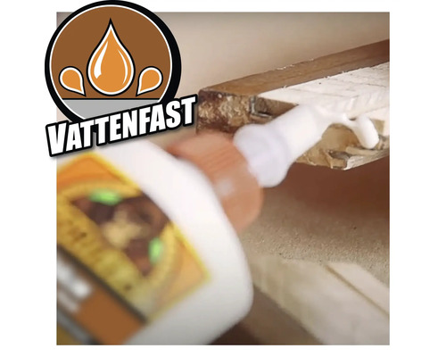 Gorillalim appliceras på en bit trä. Vattentät symbol.