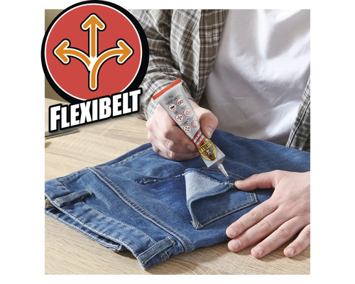 Applicering av Gorilla textilklister på ett jeansmaterial, med Flexibelt-symbolen.