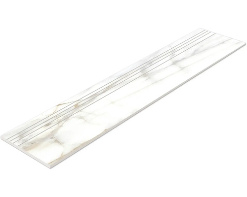 Vit trappstegsplatta med marmorstruktur och spår