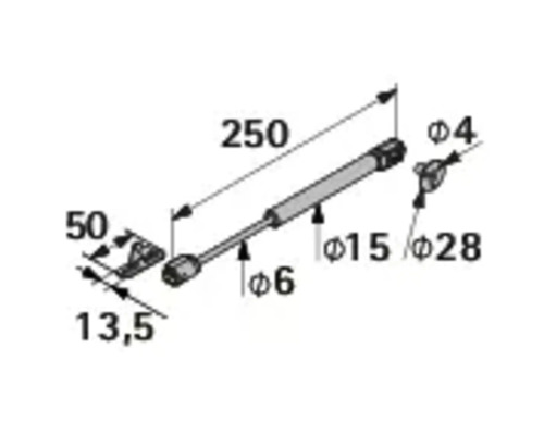 Teknisk ritning av en gasfjäder med måttangivelser