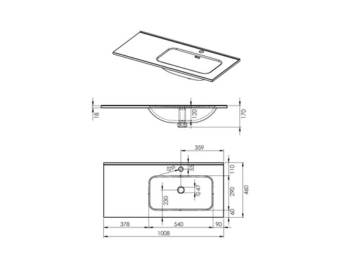 Teknisk ritning av ett tvättställ med tvättställsskål och mått