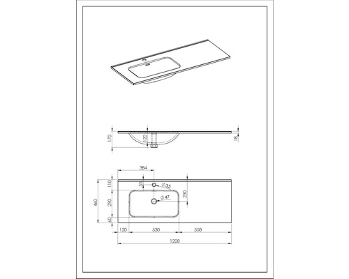 Teknisk ritning av ett tvättställ med måttangivelser