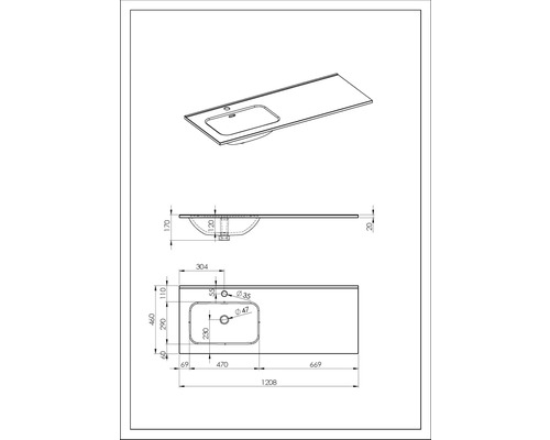 Teknisk ritning av ett tvättställ med mått.