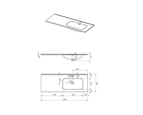 Teknisk ritning av ett tvättställ med mått