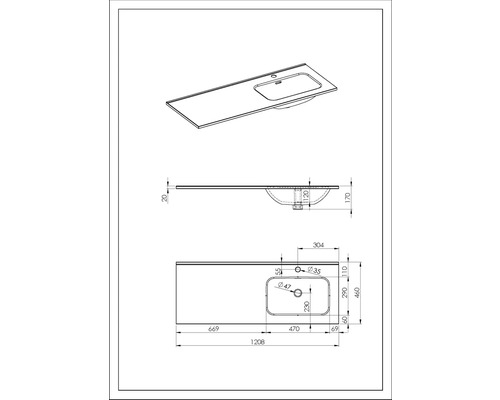 Teknisk ritning av ett tvättställ med mått