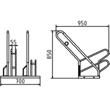 Teknisk ritning av ett cykelställ med mått