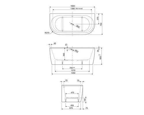 Teknisk ritning av ett badkar med mått
