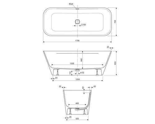 Teknisk ritning av ett badkar med dimensioner