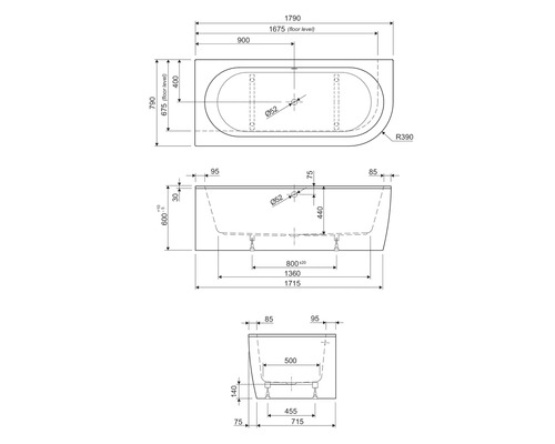 Teknisk ritning av ett badkar med mått