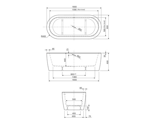 Teknisk ritning av ett badkar med dimensioner