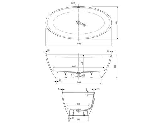 Teknisk ritning av ett fristående badkar med mått.